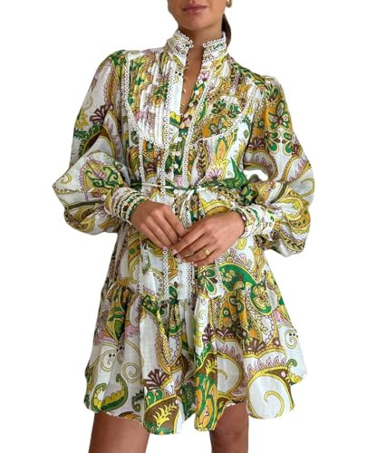 Aofur Women Summer A-line Vintage Lace Cotton Dresses Spring V-Neck Long Loose Sleeve Party Casual Short Floral Dress (Medium, 202311Green) | Amazon (US)