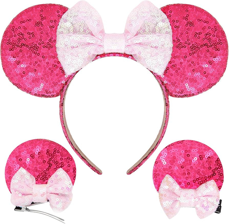 Mouse Ears Bow Sequin Headbands and Clips, Hot Pink, for Girls Women Adult Kids, Hair Accessory f... | Amazon (US)