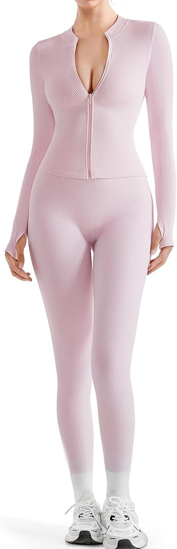 SUUKSESS Women 2 Piece Seamless Ribbed Workout Sets With Zip Up Jacket High Waisted Gym Yoga Legg... | Amazon (US)