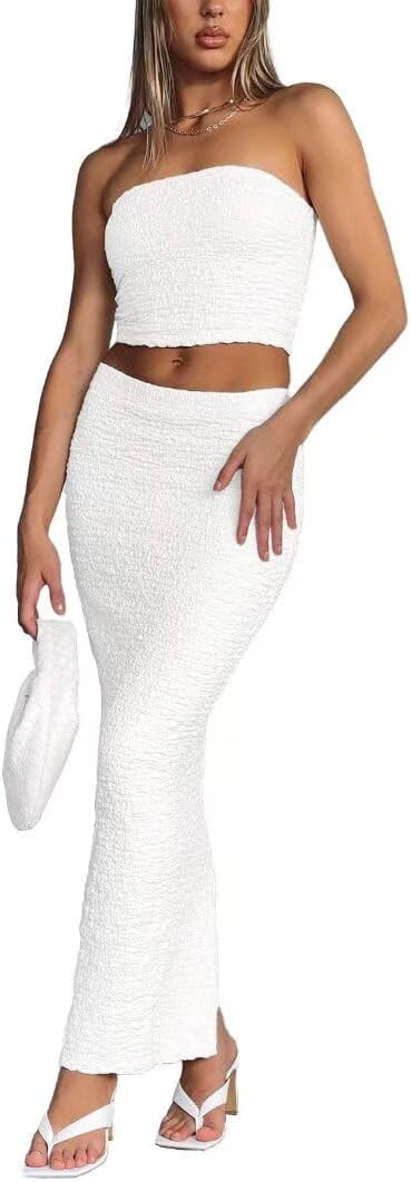 Women’s Strapless 2 Piece Outfits Stacked Sleeveless Tube Cropped Tops and Bodycon Maxi Dress M... | Amazon (US)