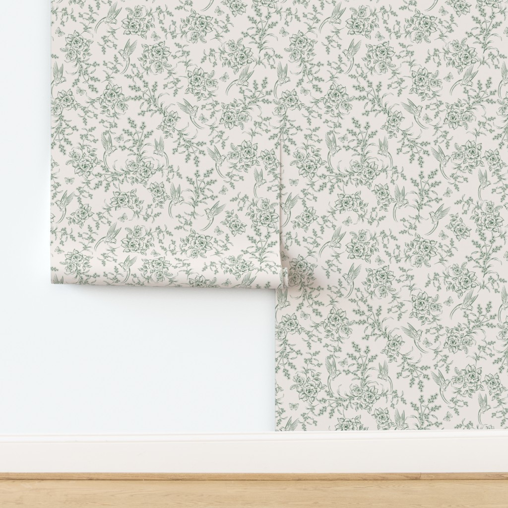 Wallpaper in BIRDS AND FLOWERS Toile GREEN LARGE | Spoonflower