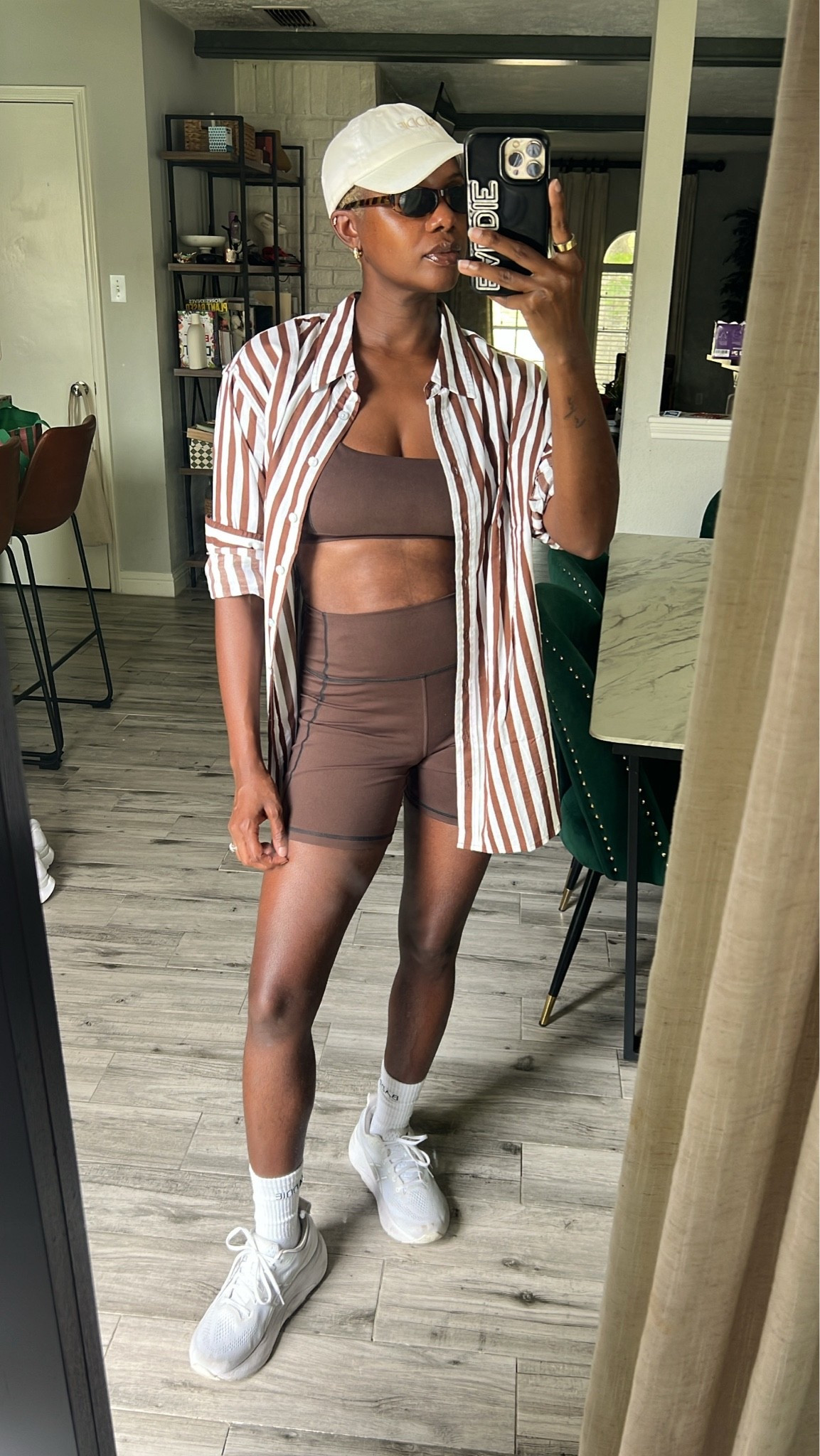 Brown workout set with a square neck top, white and brown button up shirt, white baddie socks, what dad hat and white ascics walking shoes.

#LTKgrwm #LTKootd