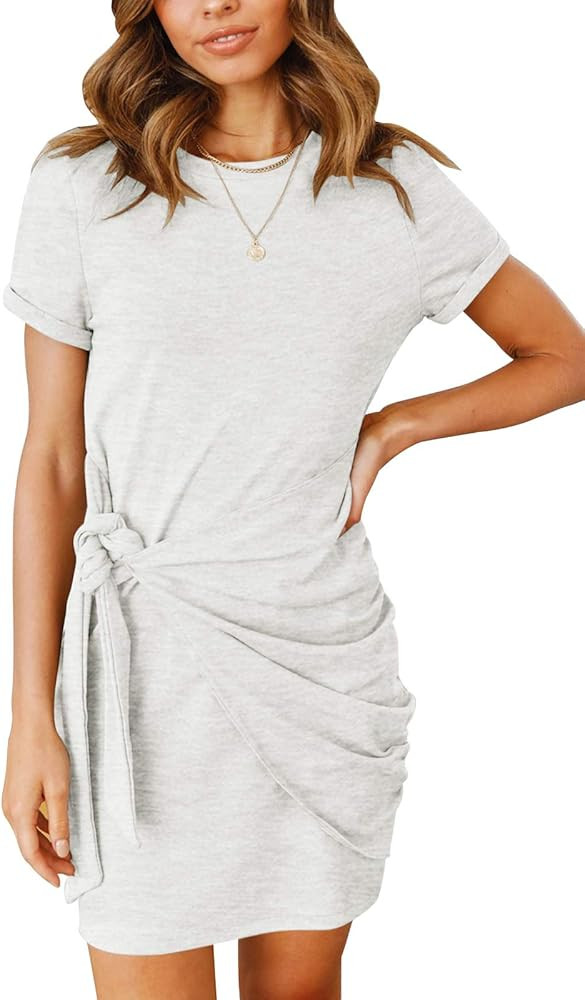 Short Sleeve Crew Neck T Shirt Dress Tie Waist Ruched Bodycon Mini Dress | Amazon (US)