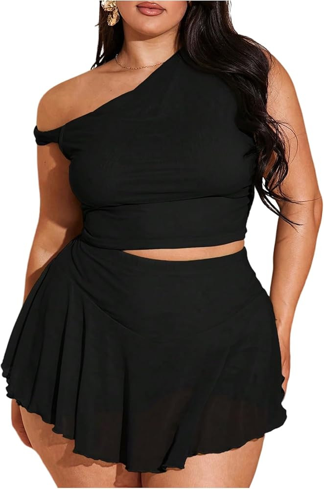 Verdusa Women's Plus Size 2 Piece Outfits Mesh Off Shoulder Crop Tops with Ruffle Skirt Summer Cl... | Amazon (US)