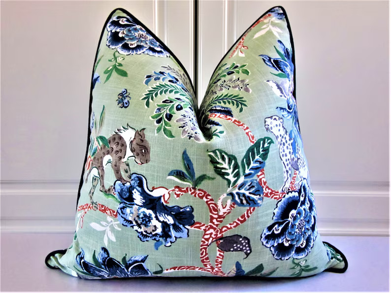 Floral Decorative Pillow Cover-Mint Green And Cobalt Blue-Wild Cats-18x18, 20x20, 22x22 | Etsy (US)