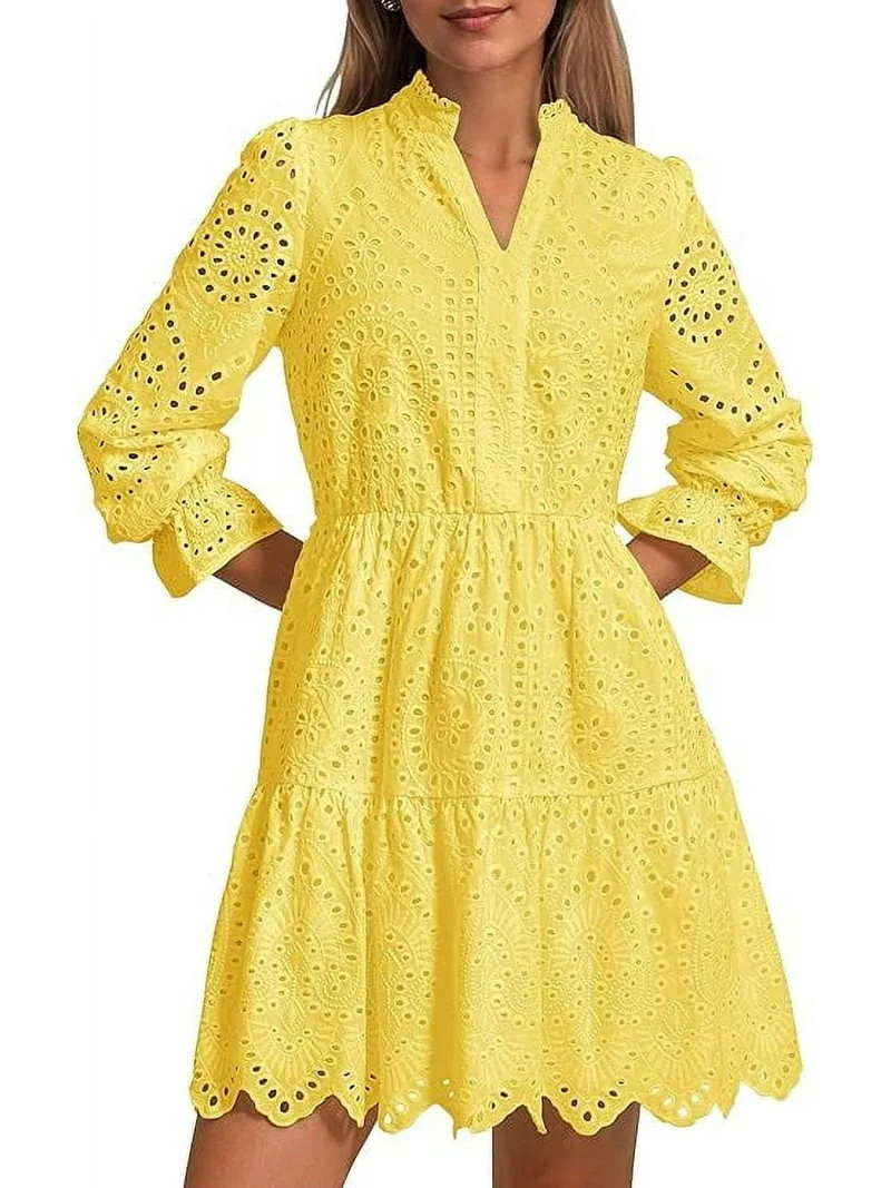 PRETTYGARDEN Women's Spring Long Puff Sleeve Mini Dress Hollow Out Lace V Neck A Line Ruffle Casu... | Walmart (US)