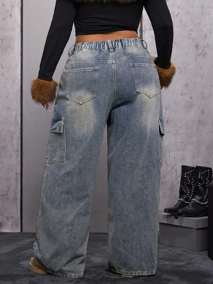 Jeanoix Plus Size Women's Fashionable Vintage Lace-Up Wide Leg Cargo Jeans Punk | SHEIN
