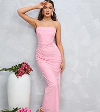 XinFSh Women's Satin Bodycon Ruched Tube Dress Sexy Corset Vintage High Slit Open Back Dresses | Amazon (US)