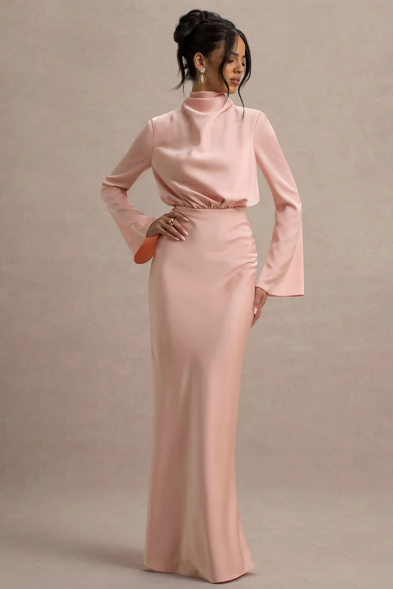 Celina | Light Pink Satin High-Neck Maxi Dress | Club L London