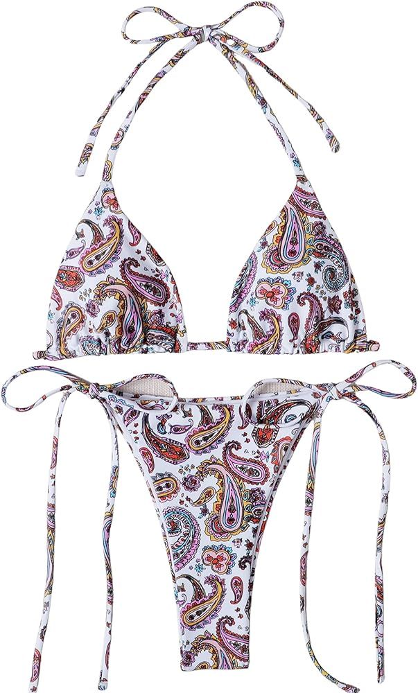 Amazon.com: SOLY HUX Women's Floral Print Halter Triangle Tie Side Bikini Set Two Piece Swimsuits... | Amazon (US)