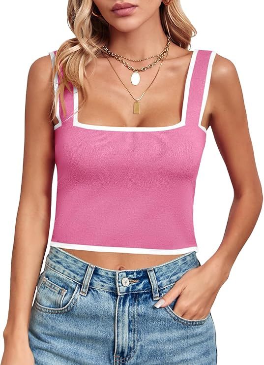 Danedvi Womens Square Neck Crop Tank Top Sexy Sleeveless Slim Fitted Color Block Casual Y2k Knit ... | Amazon (US)