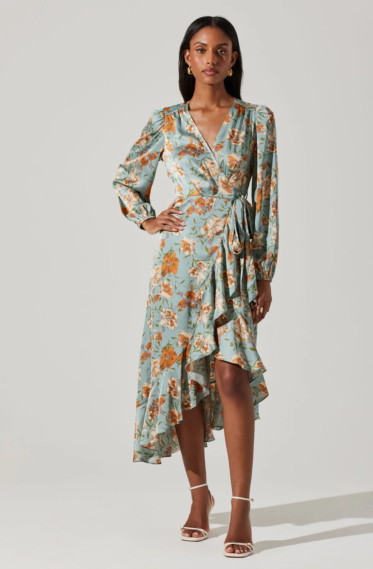 Floral Satin Wrap Long Sleeve Midi Dress | ASTR The Label (US)