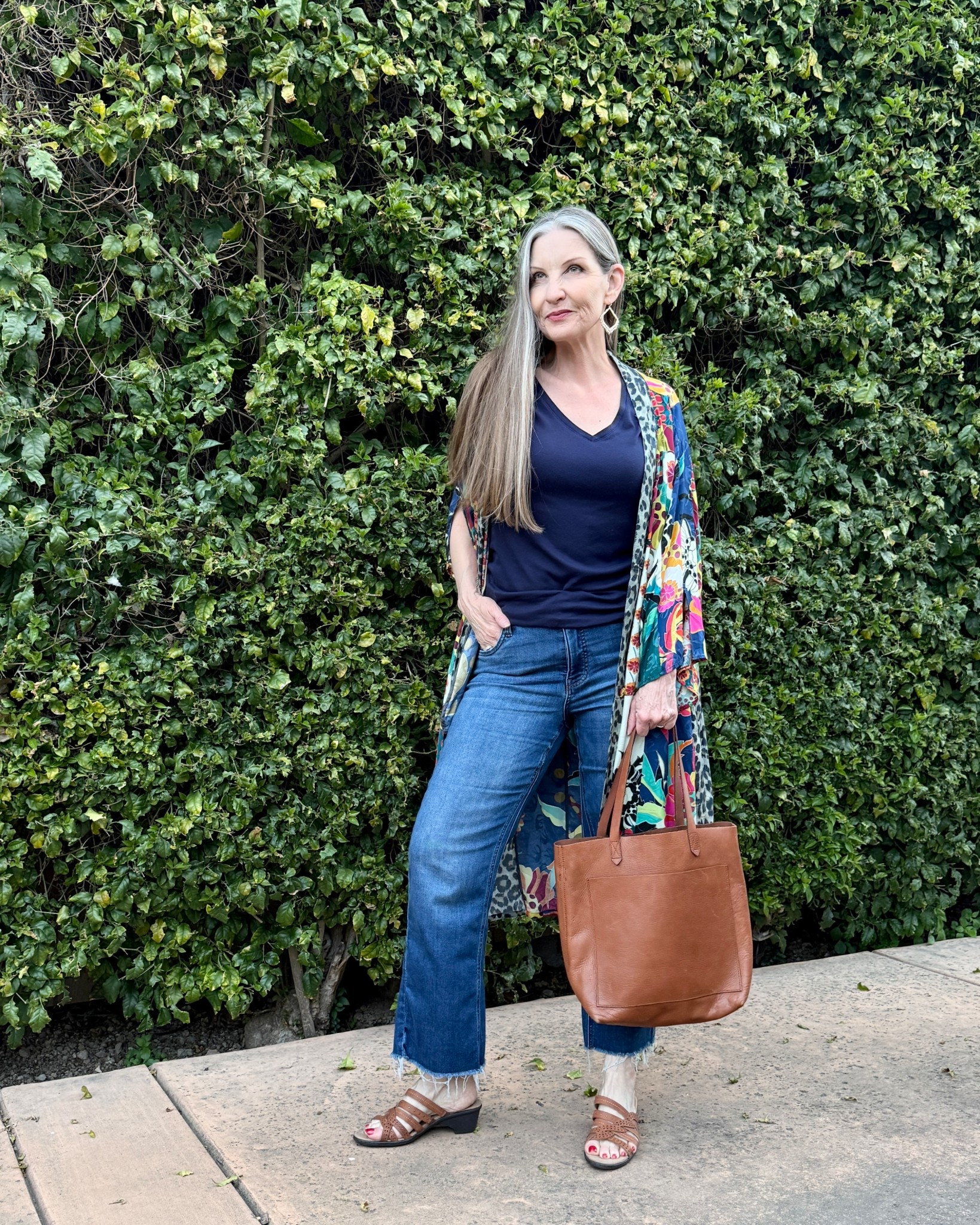 To me, a pretty printed kimono/duster never goes out of style. #kimono #duster #comfortablesandals #leathertote #bohoearrings #bohostyle

#LTKSeasonal #LTKMidsize #LTKOver40
