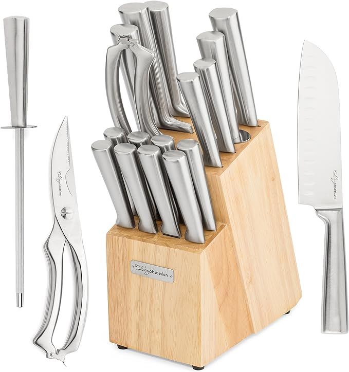 Knife Block Set | 17 Piece - Includes Solid Wood Block, 6 Stainless Steel Kitchen Knives, Set of ... | Amazon (US)