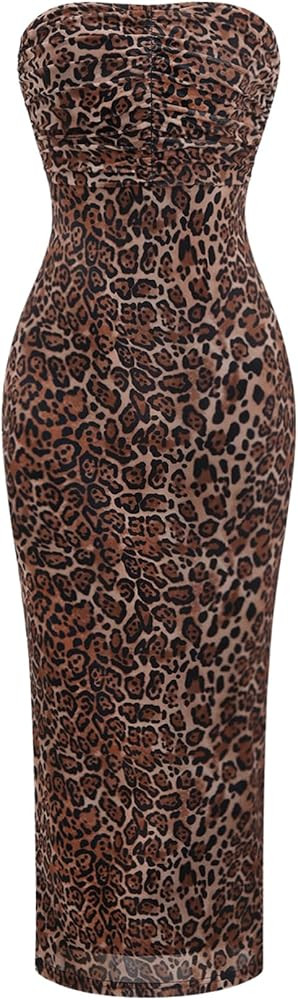 Milumia Women's Leopard Mesh Tube Top Midi Dress Ruched Strapless Bodycon Dresses | Amazon (US)
