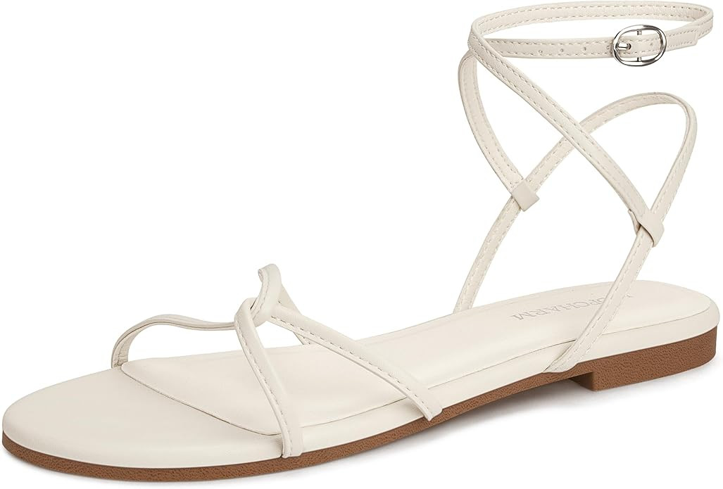 Women's Flat Sandals Strappy Open Round Toe Lace Up Shoes with Adjustable Ankle Strap for Summer | Amazon (US)