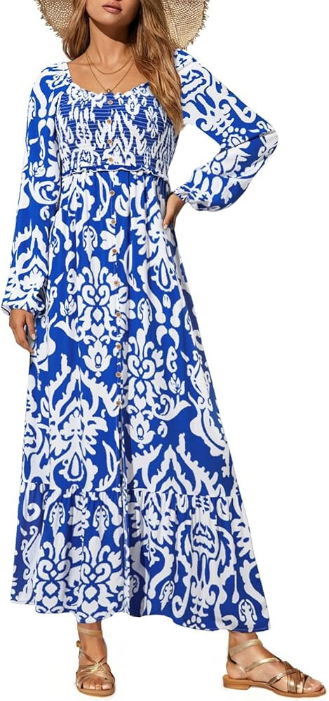 Dokotoo Womens Dresses Spring Summer 2026 Boho Floral Smocked Empire Waist Square Neck Long Sleev... | Amazon (US)