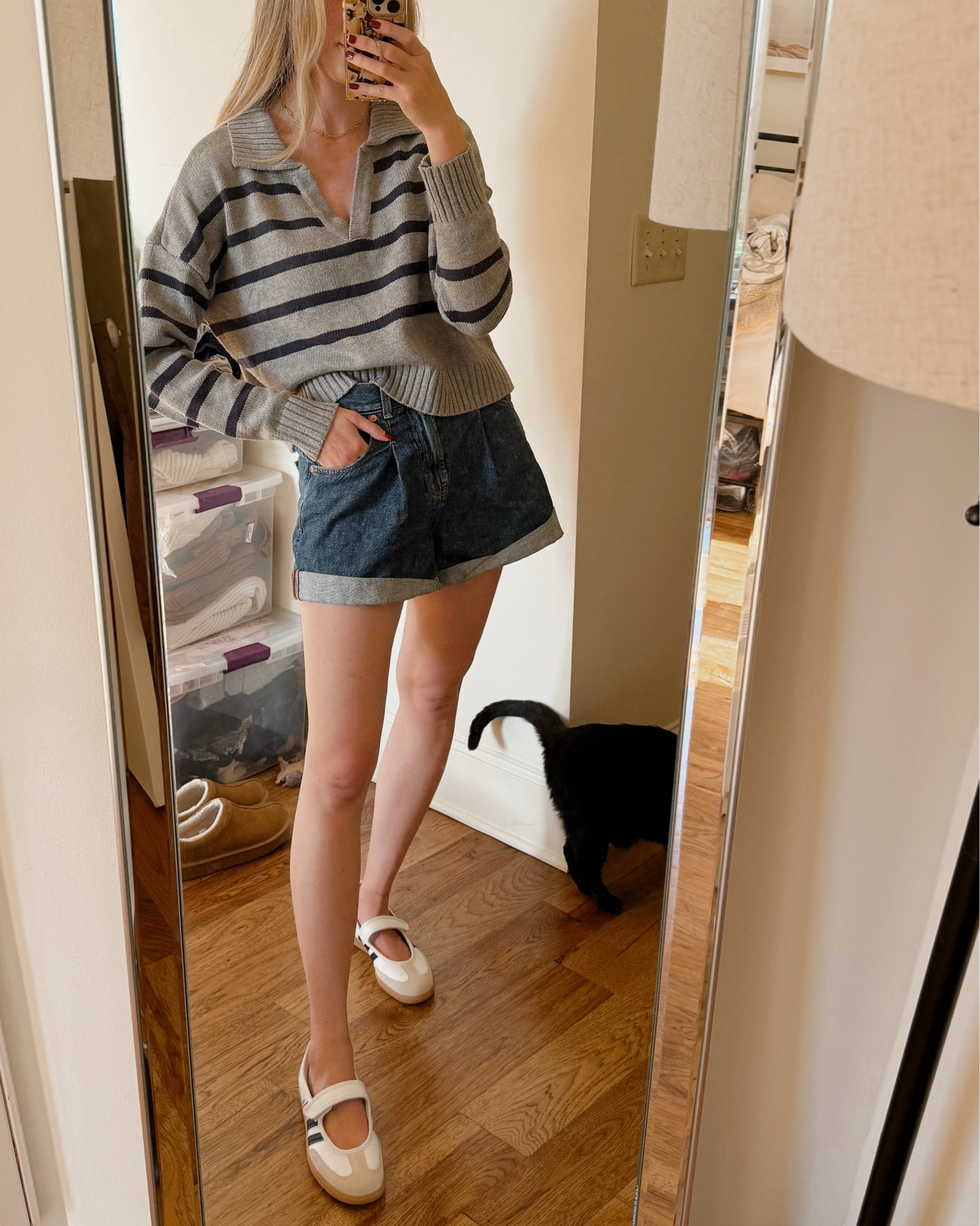 The perfect fall sporty chic outfit for warmer autumn days by BarbiGia. Knit polo stripe collar sweater. Free people baggy denim shorts. Adidas samba Jane shoe for women on sale. Amazon outfit find 

#LTKSaleAlert #LTKStyleTip #LTKFindsUnder50