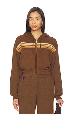 Aviator Nation 5 Stripe Cropped Zip Hoodie in Chocolate & Espresso from Revolve.com | Revolve Clothing (Global)