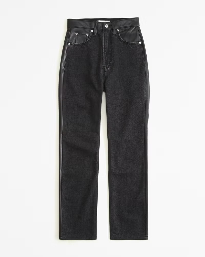 Abercrombie & Fitch Women's Mixed Fabric Ultra High Rise Ankle Straight Jean in Black With Leather Details - Size 28 LONG | Abercrombie & Fitch (US)