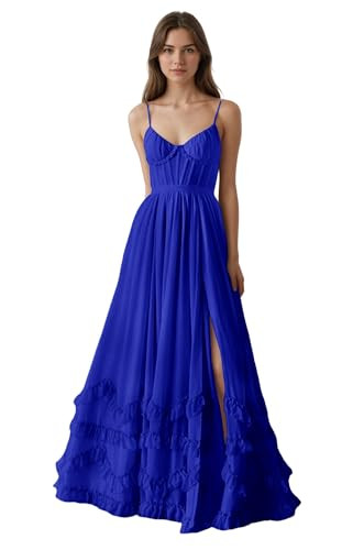 Spaghetti Straps Formal Dresses for Women Chiffon Long Bridesmaid Dresses A Line Evening Gowns with Slit Royal Blue | Amazon (US)