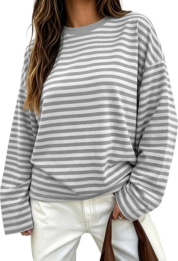 ANRABESS Womens Long Sleeve Shirts Oversized Striped Tops | Soft Breathable Lightweight,LooseFit ... | Amazon (US)