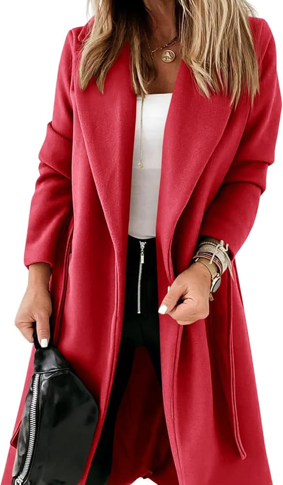 Womens Classic Coat Lapel Collar Open Front Belted Long Jacket | Amazon (US)