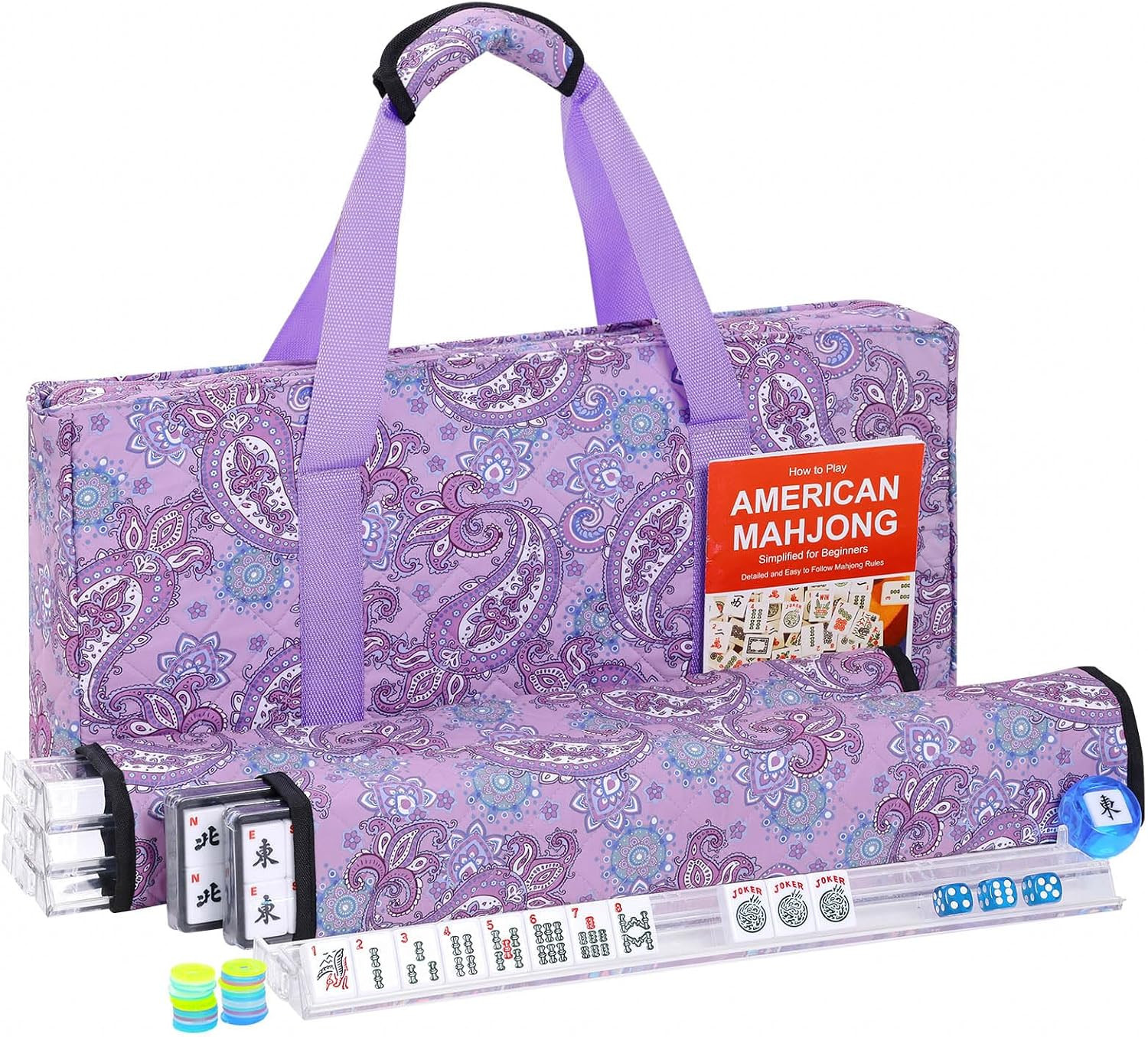 American Mahjong Tile Set, 166 White Tiles Mahjong Set, 4 Transparent All-in-One Racks/Pushers, Complete Game Set with Purple Printed Carrying Bag | Amazon (US)