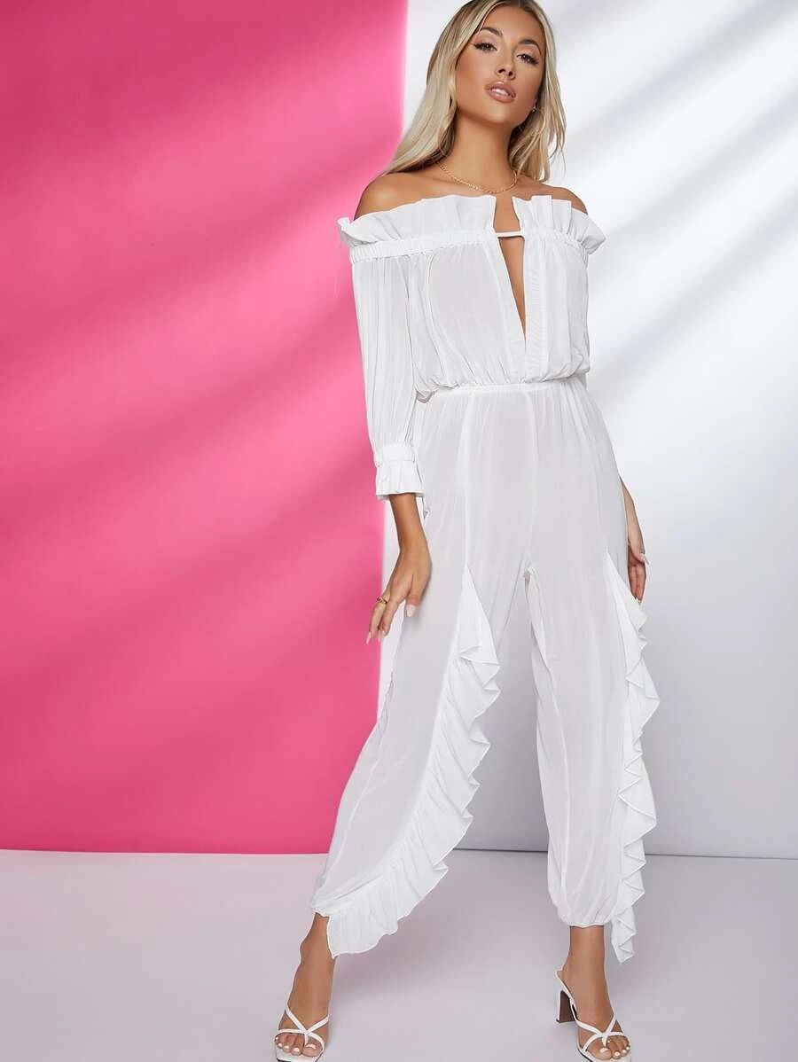 SHEIN X Ji Yeon Lee Ruffled Off-the-Shoulder Cutout Jumpsuit | SHEIN