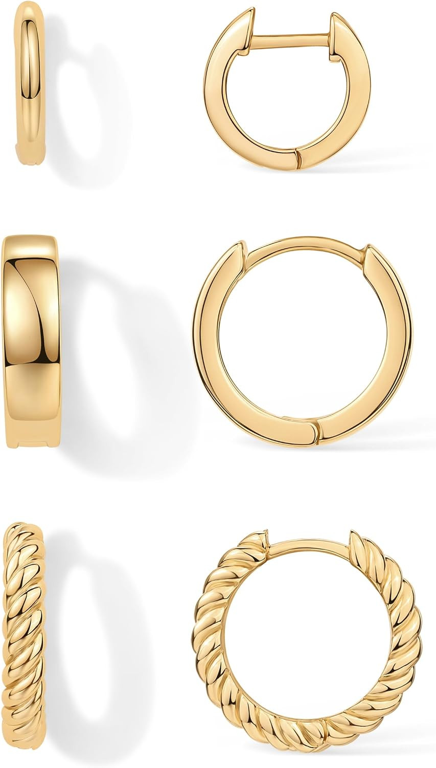 PAVOI Gold Hoop Earrings for Women, 3-Pair Small Huggie Earrings Set | Amazon (US)