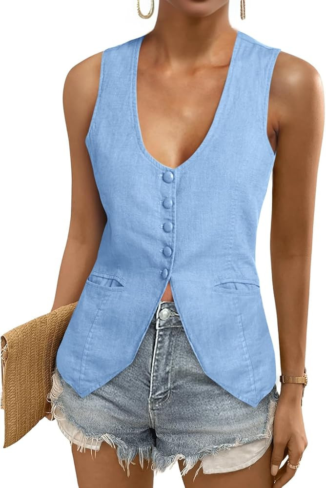 Tankaneo Womens Scoop Neck Blazer Vest Summer Linen Sleeveless Fitted Waistcoat Work Casual Cotto... | Amazon (US)