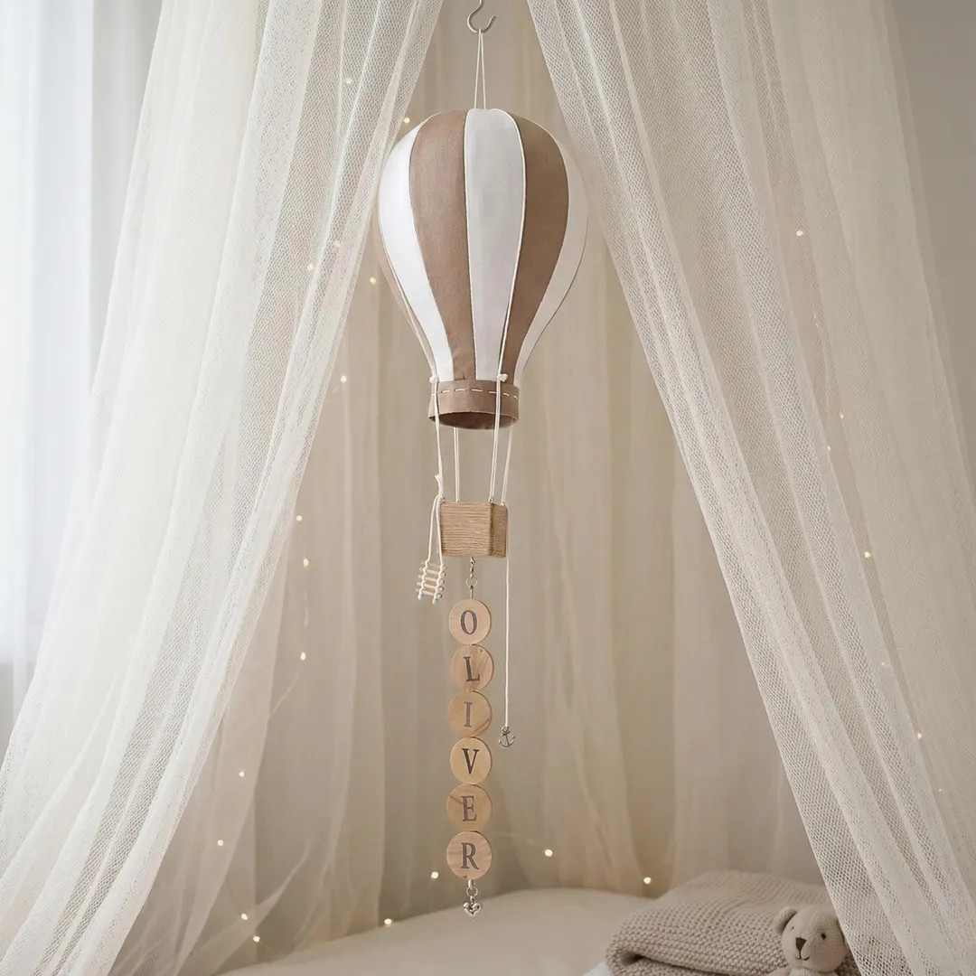 Personalized Hot Air Balloon Nursery Decor - Custom Name Hanging Mobile - Beige & White Antic Gol... | Etsy (US)