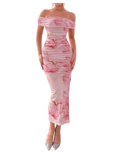MakeMeChic Women's Floral Allover Print Mesh Midi Dress Off Shoulder Short Sleeve Ruched Bodycon Party Summer Long Dress Multicolor Medium | Amazon (US)
