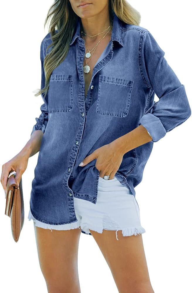 imesrun Womens Button Down Denim Shirt Chambray Casual Long Sleeve Collared Boyfriend Jean Jacket... | Amazon (US)