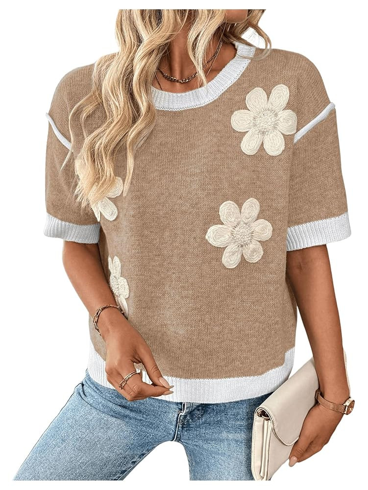 Floerns Women's Short Sleeve Crew Neck Flower Loose Knitted Sweaters Pullover Tops | Amazon (US)