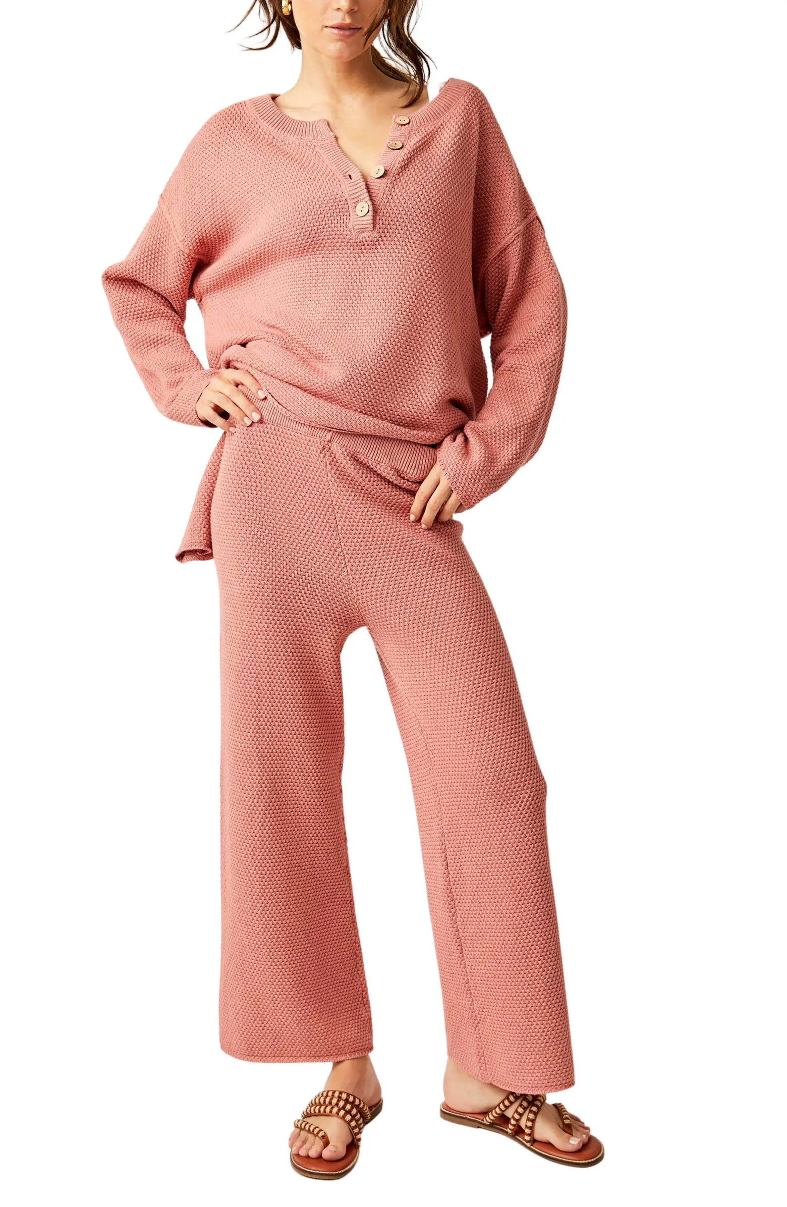 free-est Hailee Waffle Stitch Long Sleeve Top & Wide Leg Pants Knit Set | Nordstrom