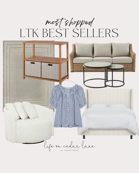 Best sellers in home decor plus this cute spring top! Featuring the best selling white swivel chair from Walmart, the Tilly upholstered bed, neutral rug, outdoor console table, and patio seatingg

#LTKSeasonal #LTKstyletip #LTKhome