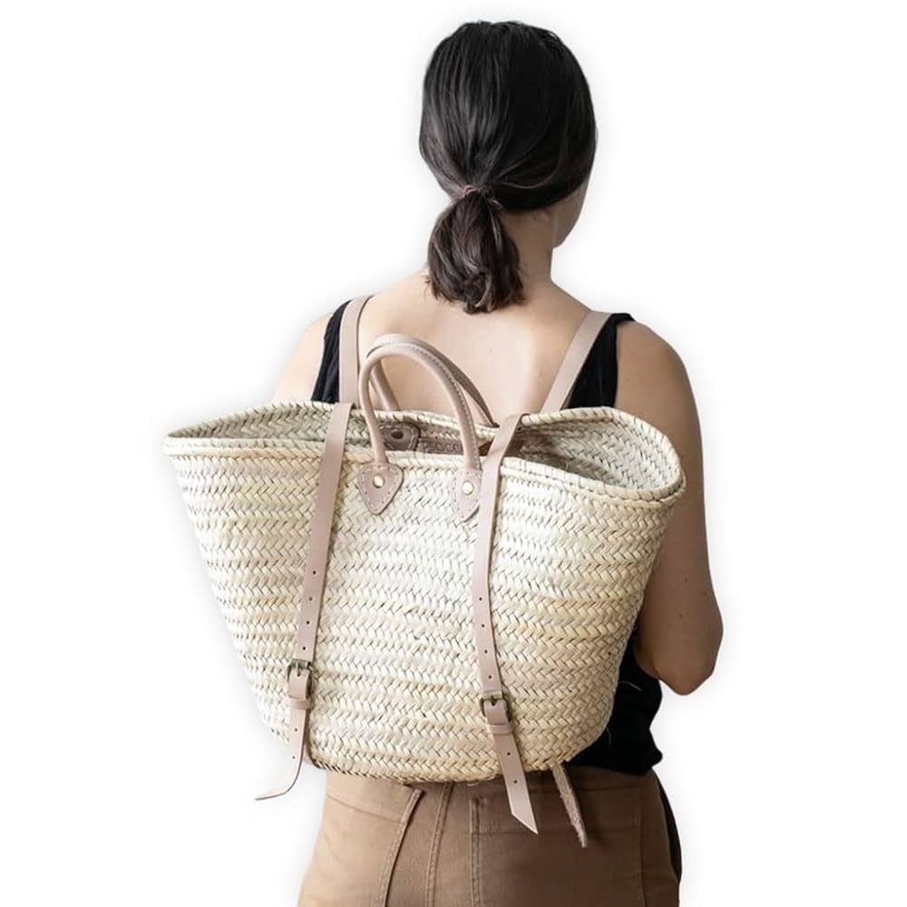 French basket with leather strap, Straw backpack, Beach bag, Hipster backpack, straw basket, summ... | Amazon (US)