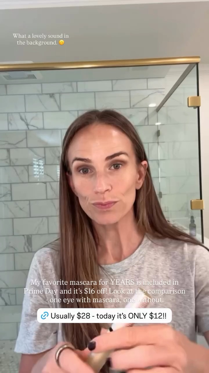 What a lovely sound in
the background. 🙃 @tartecosmetics @amazoninfluencerprogram  My favorite mascara for YEARS is included in Prime Day and it’s $16 off! Look at the comparison - one eye with mascara, one without.