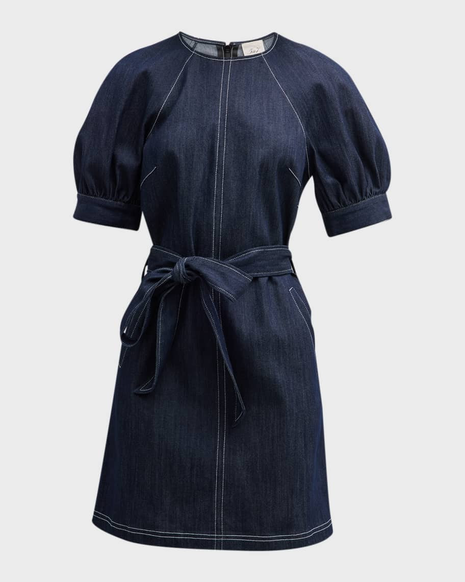 Cinq a Sept Abby Short-Sleeve Tie-Belt Denim Mini Dress | Neiman Marcus