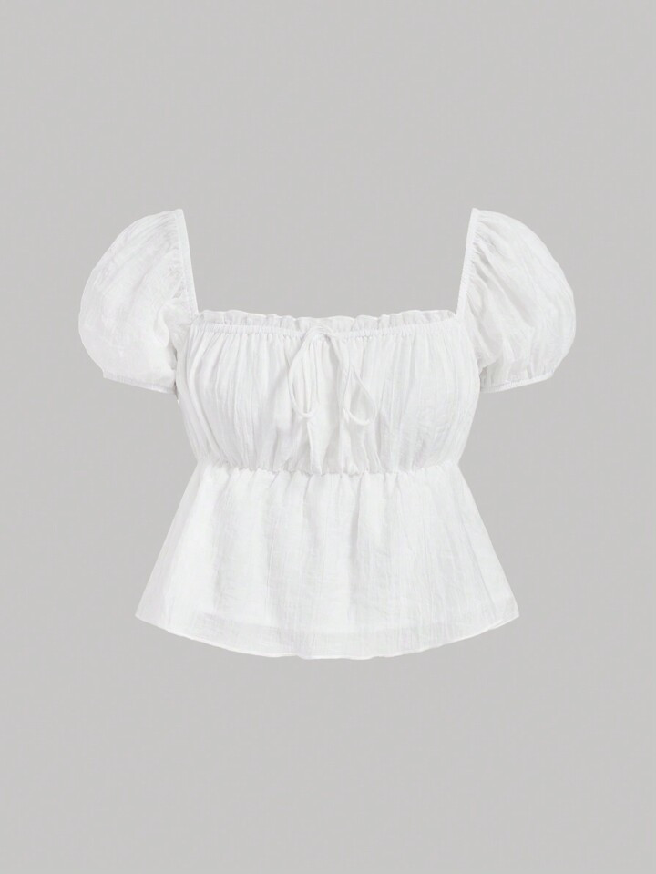 SHEIN MOD Women's White Chiffon Puff Sleeve Shirt With Front Bow Decorations Summer Tops | SHEIN ... | SHEIN