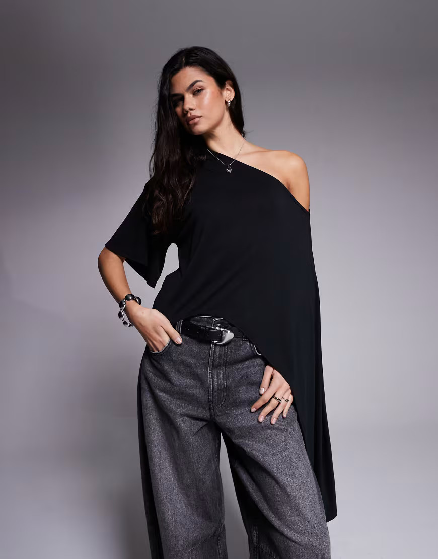 ASOS DESIGN modal longline drape front one shoulder tee in black | ASOS (Global)