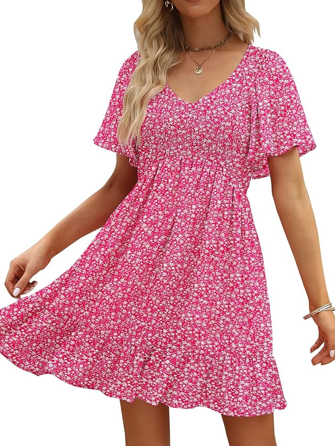 Womens Cute Floral Smocked V Neck Flutter Sleeve Sundress with Pockets Casual Spring Summer Dress... | Amazon (US)