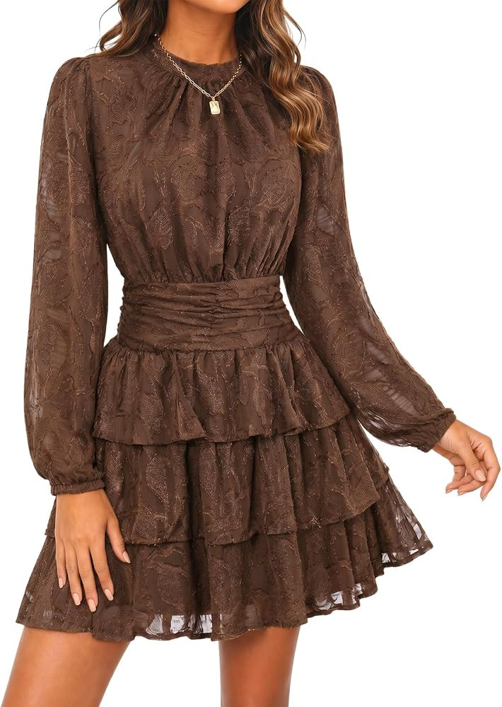 Wenrine Womens Long Sleeve Lace Mini Dress Wedding Guest Dresses | Amazon (US)