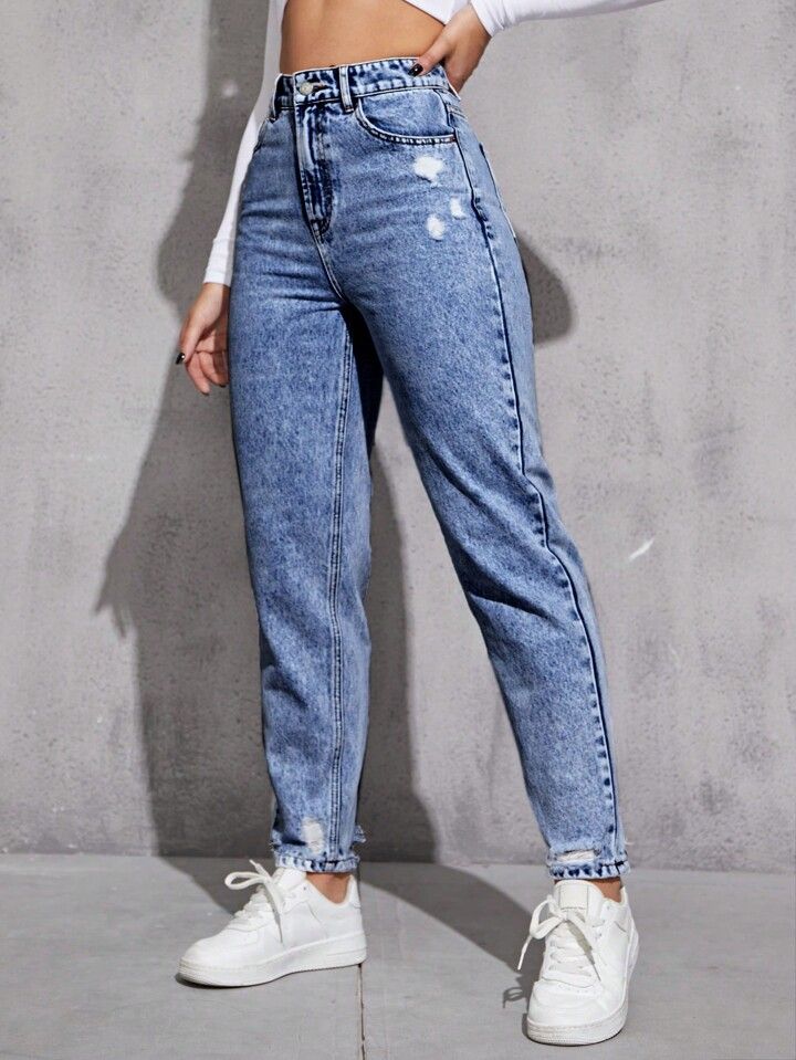 Solid Ripped Mom Fit Jeans | SHEIN