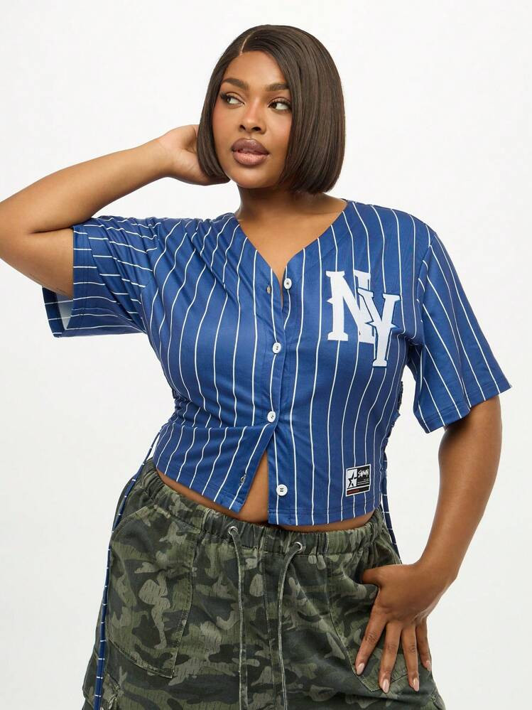 SUMWON Plus Size NY Baseball Jersey Button Down V Neck Short Sleeve Pinstripe Casual Summer Fan Tee Top | SHEIN
