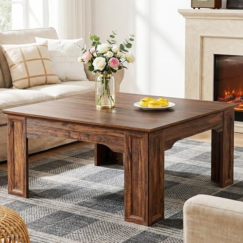 Square Coffee Table for Living Room, 39.4'' Farmhouse Wood Grain Finish Coffee Table with Carved ... | Amazon (US)