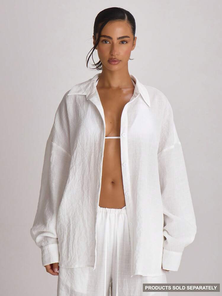Musera Resort Oversized Linen Shirt Cover Up Swim Vacation Holiday Summer Travel Beachwear Basics... | SHEIN