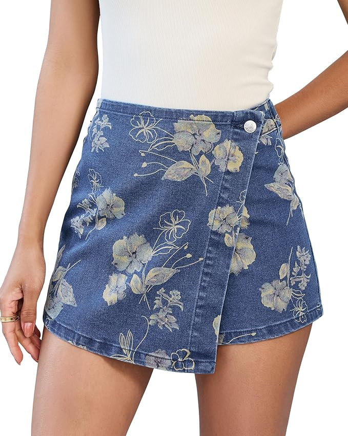 luvamia Denim Skorts for Woman Trendy Floral Print Faux Wrap Stretchy High Waisted Elasitc Waist ... | Amazon (US)