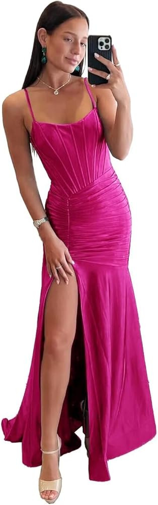 Spaghetti Strap Mermaid Prom Dresses Long Scoop Neck Satin Pleated Split Tight Formal Evening Par... | Amazon (US)